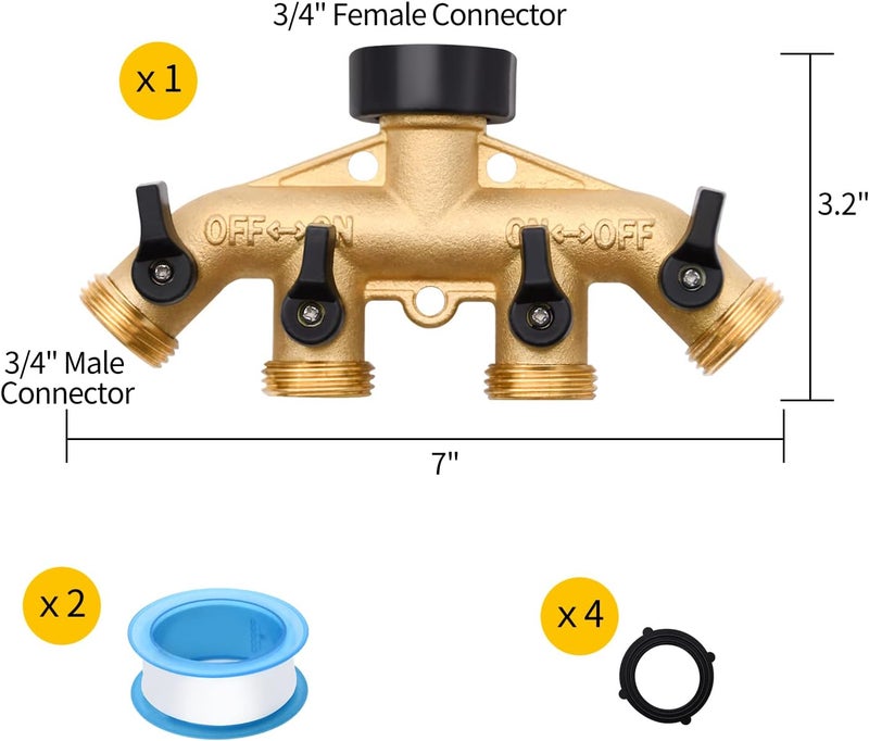 LFSEMINI 1 Pack 4 Way Hose Splitter, Heavy Duty Brass Garden Hose Splitter, for 3/4" Hose Connector, Brass Garden Hose Manifold with Rubber Washers & Tapes(1 pack 4 way) - Image 3